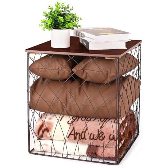 Small Coffee Table Storage, Square End Tables Blanket Basket with Lid for Living Room Folding Storage Side Table 1 Pack$$Furniture