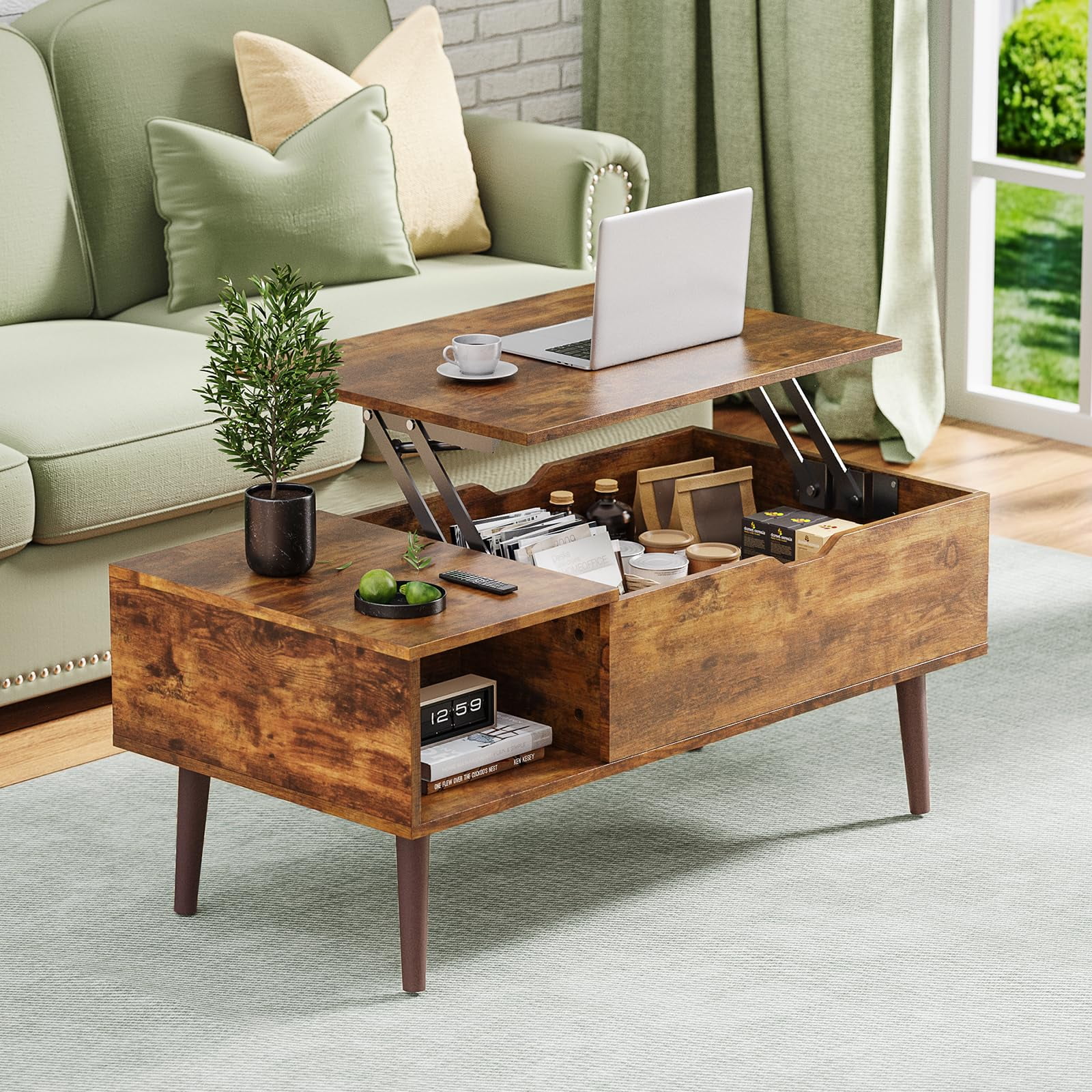 Small Coffee Table with Storage Shelf and Hidden Compartment Modern Wood Lift Top Coffee Table for Living Room Office Reception Room Rust Brown Walmart
