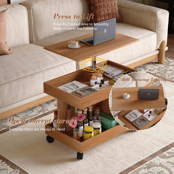 Small Coffee Table with Wheels and 360 Rotating Desktop, Rolling Side Table and Mobile End Table with Storage for Living Room Bedroom, Natural