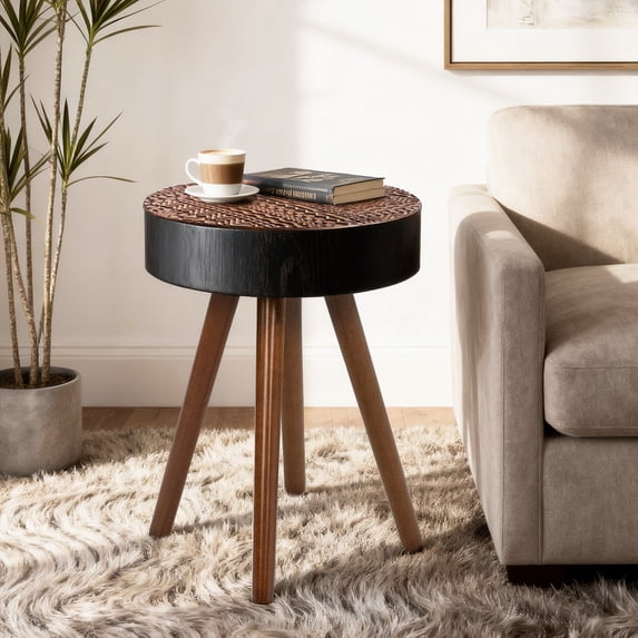 Small Coffee Tables Wooden Carved End Table Modern Side Tables for Living Room Sofa, Single Chairs (Black Edge Small)