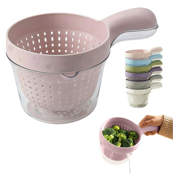 Small Colander with Handle, 2-Layer Draining Basket for Berry Tomato Vegetable Washing, Kitchen Rinser Container Portable Strainer Bowl