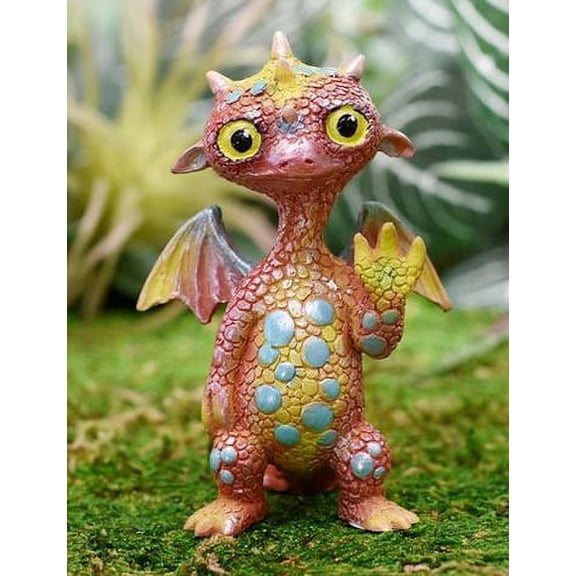 Small Collector Teal Spotted Red Baby Dinosaur Dragon Waving Hello Figurine