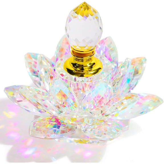 Small Colorful Crystal Vintage Empty Perfume Bottle, Mini Glass Refillable Lotus Perfume Bottles, Handmade Lotus Figurines Decoration Gifts for Women