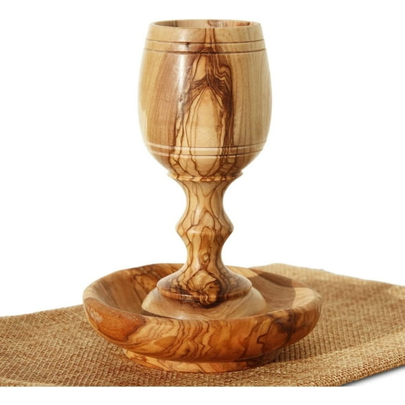 The Jerusalem Gift Shop 4.5” Olive Wood Communion Cup with Tray – Handmade Holy Land Gift with Certificate in Gift Bag