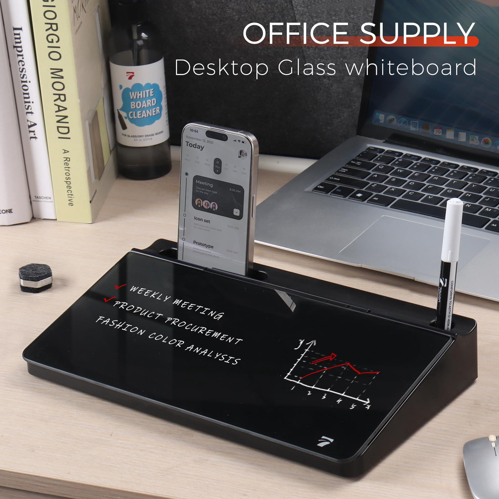 Small Compact Glass Desktop Whiteboard With Storage - 12 X 7 In Dry Erase Board For Desk  Home Office School | Includes 5 Markers Eraser & Holder Space-saving Organizer Aesthetic Black