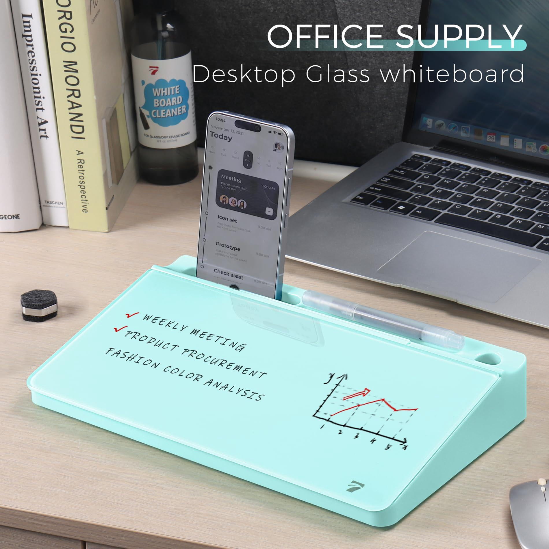 Small Compact Glass Desktop Whiteboard With Storage - 12 X 7 In Dry Erase Board For Desk  Home Office School | Includes 5 Markers Eraser & Holder Space-saving Organizer Aesthetic Teal Blue
