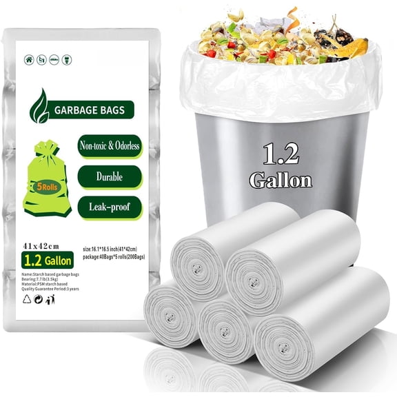 Small Compostable Trash Bags - 1.2 Gallon Biodegradable Mini Garbage Bag Unscented & Easy Tearing Bulk Basket Liners Thick 200 Count for Kitchen Bathroom
