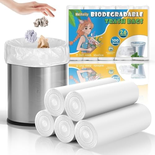 Small Compostable Trash Bags 2.6 Gallon - 100 Count Unscented Biodegradable Garbage Bag Bulk Clear White Durable Thick Tiny Waste Basket Liners for Kitchen Office Car Pet