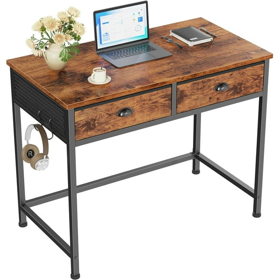 Small Computer Desk with 2 Fabric Drawers for Bedroom,34 Inch Home Office Writing Desk, Vanity Desk with Hooks, Simple Study Desk for Small Spaces, Makeup Dressing Table, Rustic Brown
