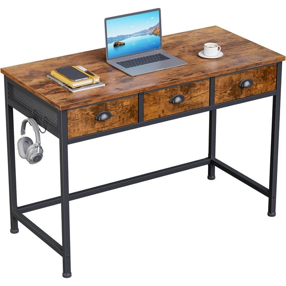 Small Computer Desk with 3 Fabric Drawers, 40 Inch Simple Home Office Desk, Writing Desk with Hooks, Study Table for Working Small Spaces, Makeup Desk for Bedroom,Rustic Brown