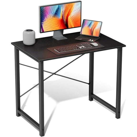 Small Computer Desk 31 Inch Writing Desk with Storage Bag Iron Hook Metal Frame for Home, Black