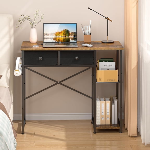Small Computer Desk, 36 Inch Writing Desk with Drawers & Storage Shelves, Home Office Writing Desk for Small Spaces, Bedroom, Living Room, Dorm, Rustic Brown