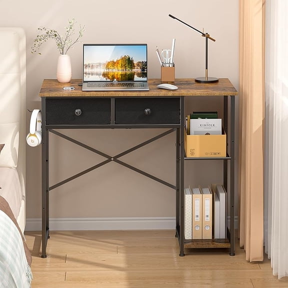 Small Computer Desk, 36 Inch Writing Desk with Drawers & Storage Shelves, Home Office Writing Desk for Small Spaces, Bedroom, Living Room, Dorm