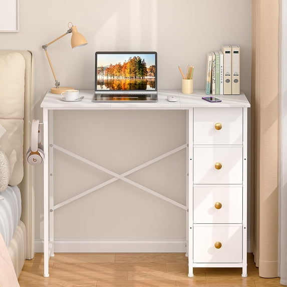 Computer Printing Small Small Computer Desk with 4 Fabric Drawers, 36 Inch Reversible Writing ...