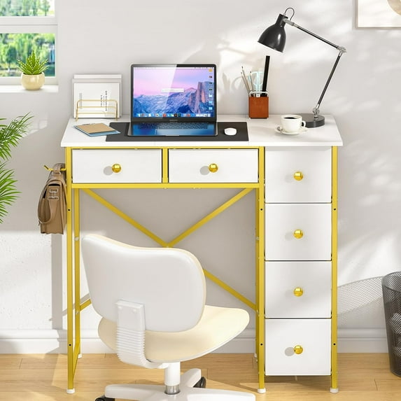 Small Computer Desk with 6 Drawers, 32 Inches Work Table for Home Office, Writing Desk with Storage, Compact Study Desk for Small Spaces, Kids Study Desk for Bedroom, White and Golden