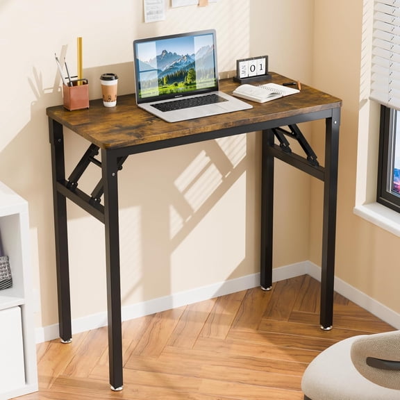 Small Computer Desk No Assembly Required, Folding Desk as Writing Table, Dining Table and Workbench, Foldable Desk for Small Space & Home Office, 31.5 Inch, Brown & Black Frame