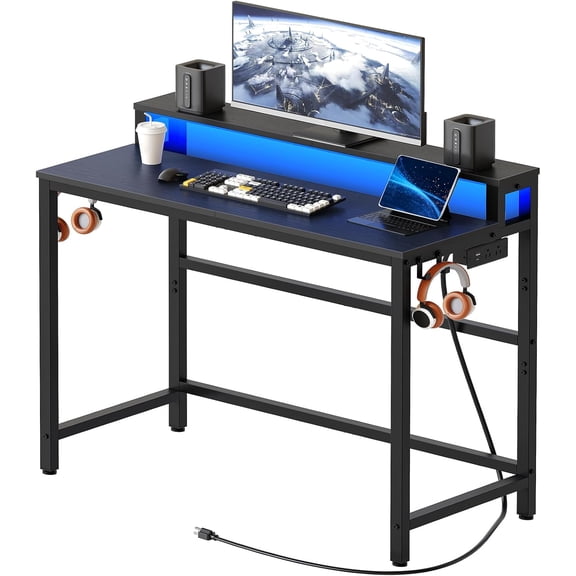 Small Computer Desk with Charging Station and LED Lights, Gaming Desk with Monitor Stand, 2-Tier Home Office Desk with 4 Side Hooks, for Living Room, Home Office, Black DN01UDBBY2