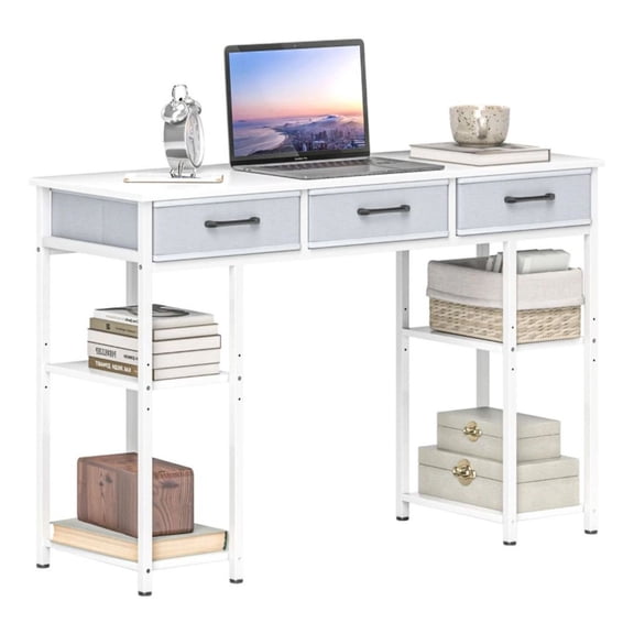Small Computer Desk with Drawers, White Writing Desk for Home Office, Student Study Table with Shelves, Compact Workspace with Adjustable Shelves & Steel Frame