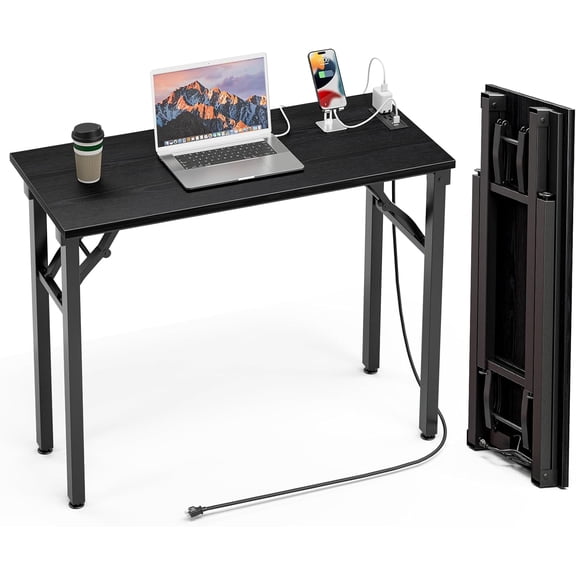 Small Computer Desk Folding Table - No Assembly, Compact 35.8" Foldable Desk with Power Outlets & USB Charging Port, Portable Small Office Desk, Ideal Mini Study Table, Dark Oak