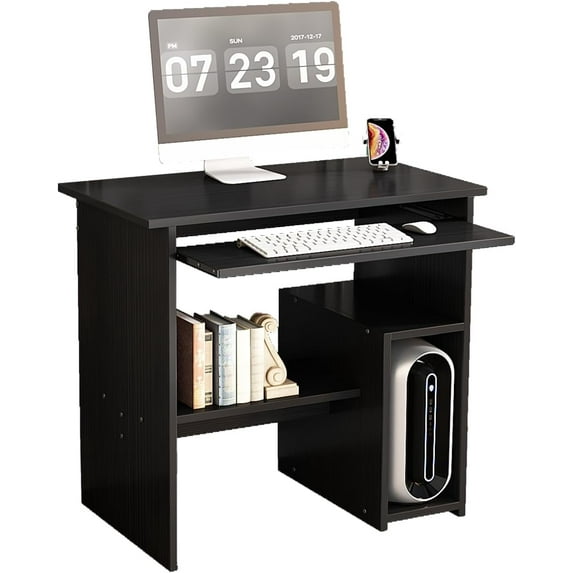Small Computer Desk for Home Office - Compact Desktop PC and Laptop Study Gaming Table with Storage Drawer, Shelves, and Keyboard Tray - Ideal for Small Spaces, Students