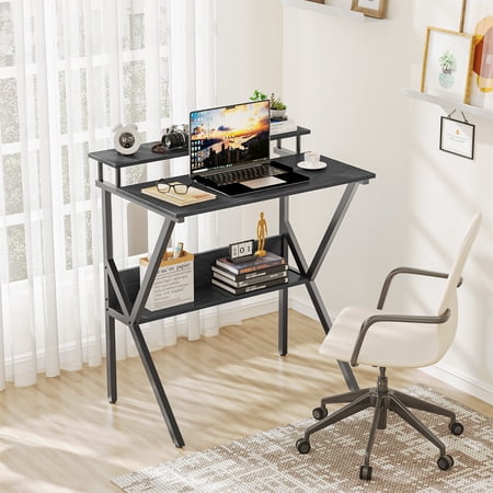 Small Computer Desk with Monitor, 27.5 inch Studying Writing Table for Home Office, Modern Style Computer Desk for Small Space with Storage Shelf, Black