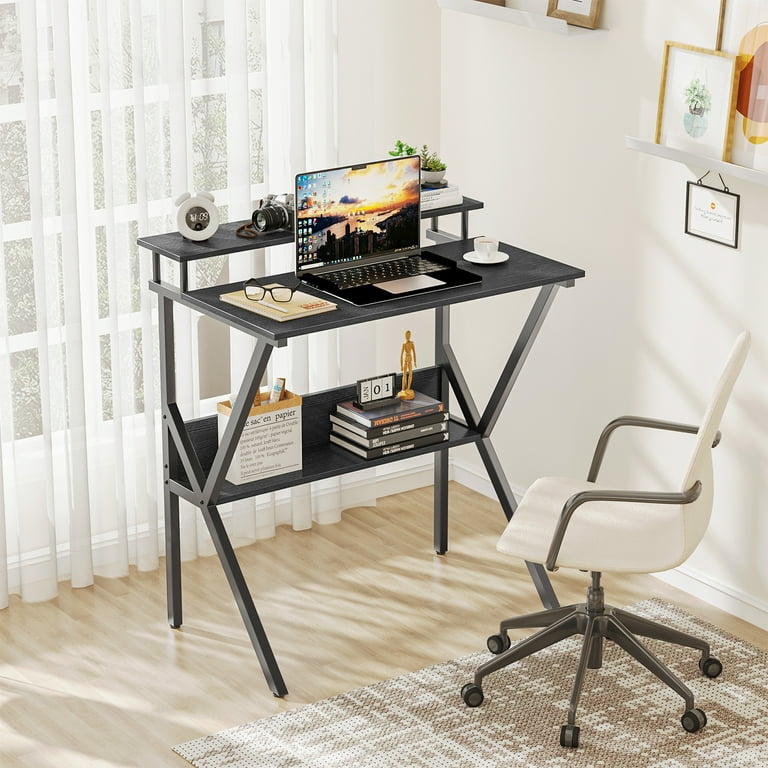Small Computer Desk with Monitor, 27.5 inch Studying Writing Table for Home  Office, Modern Style Computer Desk for Small Space with Storage Shelf,  Black 