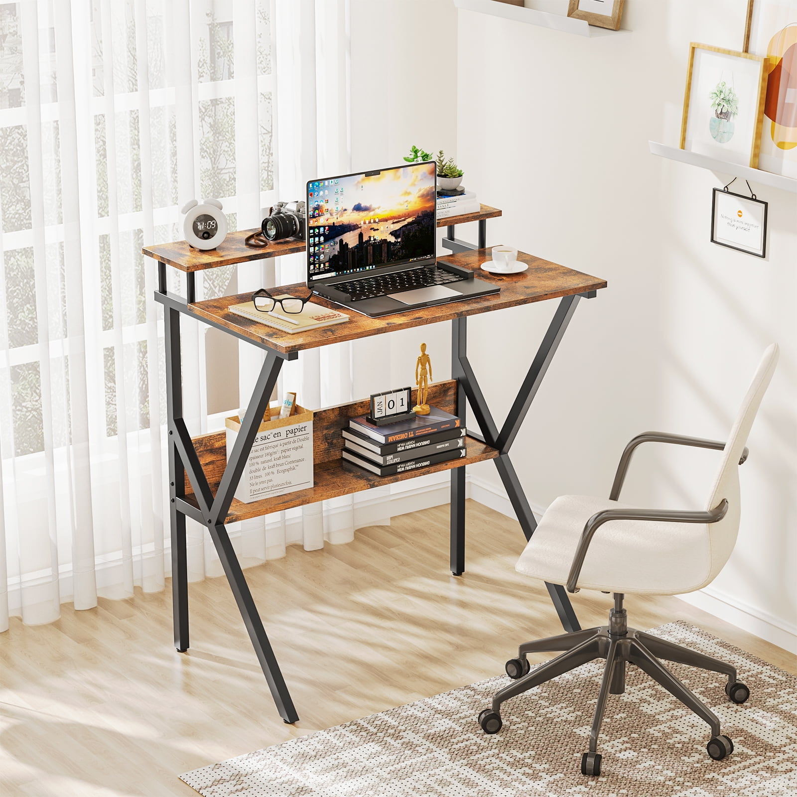 Vintage Brown Particle Board Gaming Desk with Storage Shelves