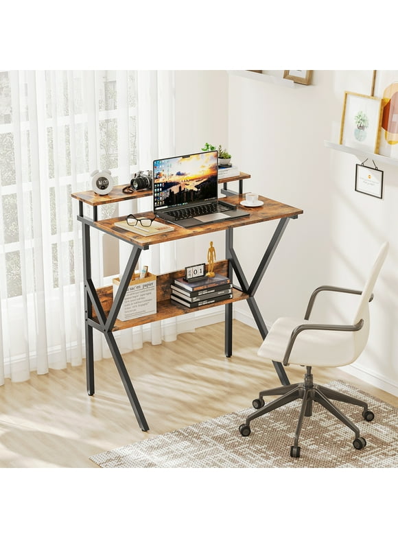 Small Computer Desk with Monitor for Kid, 27.5 inch Studying Writing Table for Home Office, Modern Style Computer Desk for Small Space with Storage Shelf, Vintage