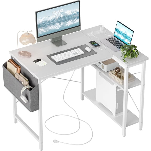 Small Computer Desk with Power Outlets, 40 Inch L Shaped Desk with Reversible Shelves, Gaming Desk Corner Desk Study Writing Desk for Home Office Bedroom Small Space, White