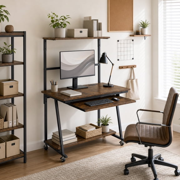 Small Computer Desk with Charging Station and LED Lights, Mobile Office Desk with Keyboard Tray & Hutch Shelf, Rustic Brown