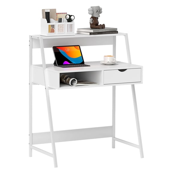 Small Computer Desk with Drawer & Shelves, White Study Table for Home Office, Compact Writing Desk with Storage, Student Desk for Small Spaces