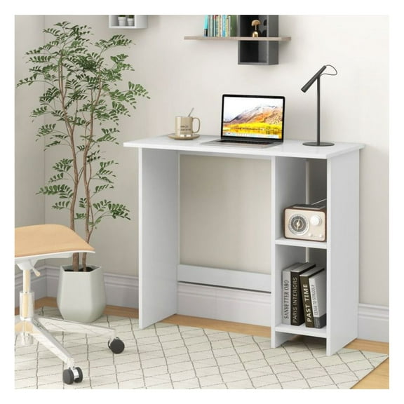 Small Computer Desk with Storage, Adjustable Shelf White MDF Desk for Home Office, Dorm, Writing Study Table with Leg Room, Anti-Tipping Design