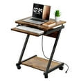 thumbnail image 1 of Small Computer Desks with Power Outlet, Z-Shaped Home Office Desks for Small Space, Compact Study Desk with Keyboard Tray and Casters, Computer Workstation for Home and Office, Brown, 1 of 8
