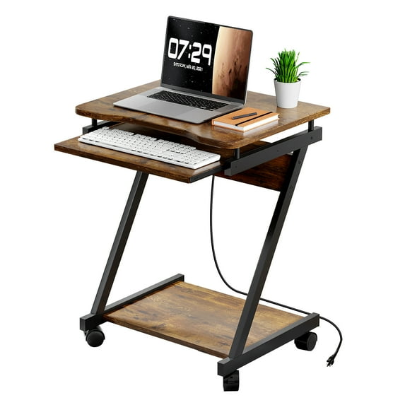 Small Computer Desks with Power Outlet, Z-Shaped Home Office Desks for Small Space, Compact Study Desk with Keyboard Tray and Casters, Computer Workstation for Home and Office, Brown