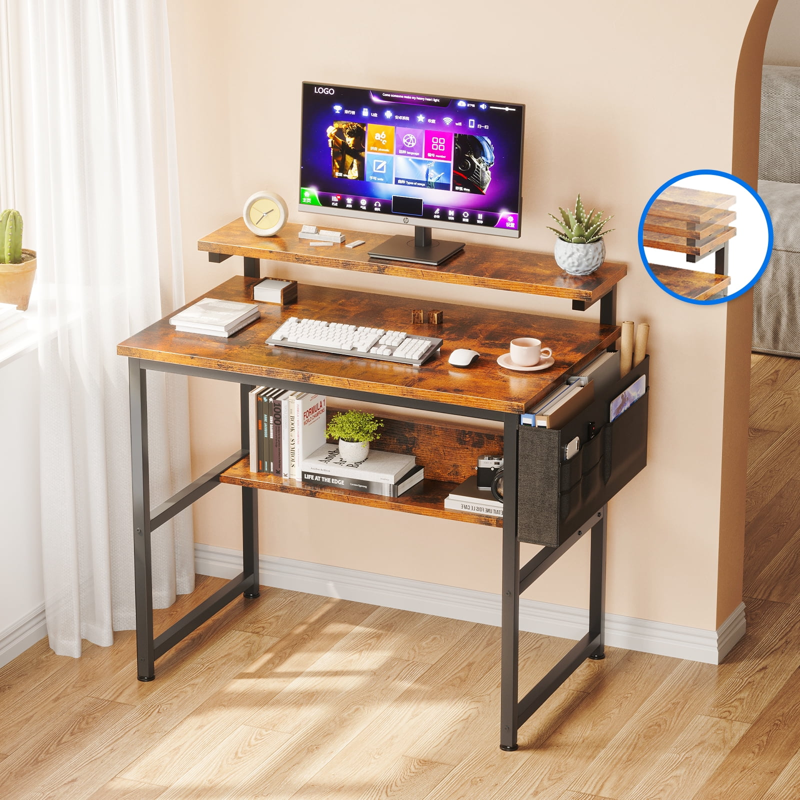 Small Computer Gaming Desk with 3 Height Adjustable Monitor Stand