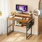 Small Computer Gaming Desk with 3 Height Adjustable Monitor Stand (3.2", 4.3", 5.5") for Small Space, 40 inch Writing Desk with Storage Shelves for Home Office, Living Room, Bedroom, Vintage