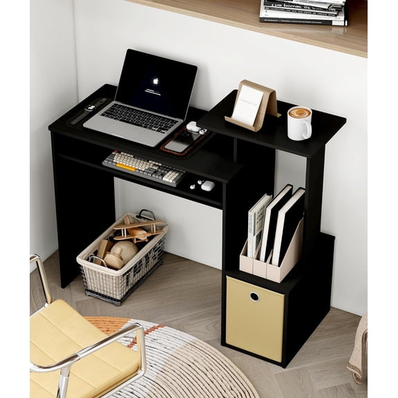 Small Computer Writing Desk with Drawers, Home Office Desk with Storage Shelves for Home Office Bedroom, Black/Brown