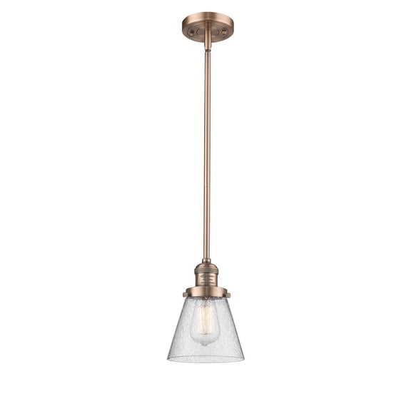 Small Cone Antique Copper Eight-Inch LED Mini Pendant with Seedy Cone Glass