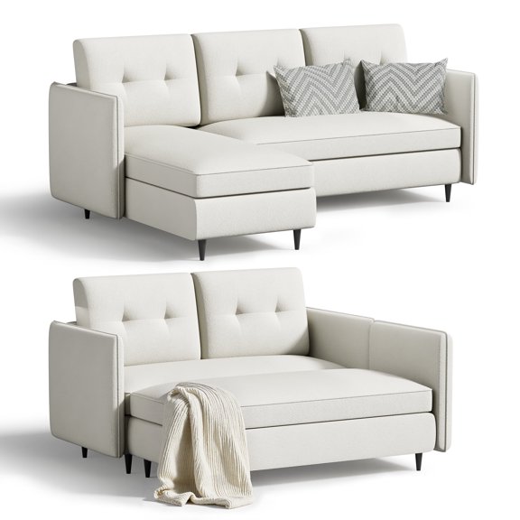 Small Convertible Sectional Couch - L Shaped Sofa for Small Spaces, Living Room, Apartment, Dorm, Linen Sleeper Couch with Reversible Storage Chaise, Light Beige