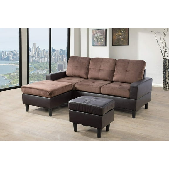 Small Convertible Sectional Sofa for Living Room Couch with Reversible Chaise & Ottoman, Chocolate