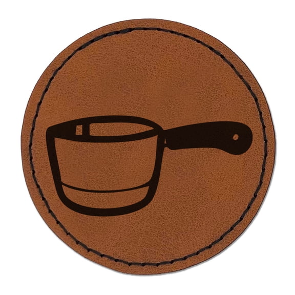Small Cooking Pot Sauce Pan Round Iron-On Engraved Faux Leather Patch Applique - 2.5 Inch - Brown