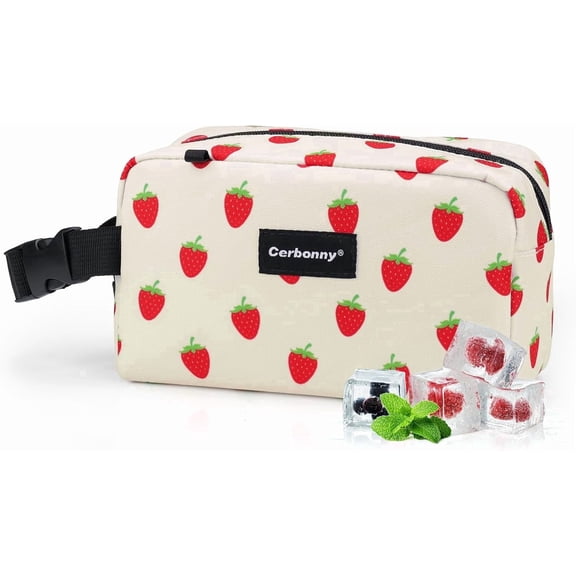 Cerbonny Mini Freezable Lunch Bag, 9"×5"×4" Small Insulated Cooler Box with Ice Pack and Handle Buckle for School Work Travel（Strawberries）
