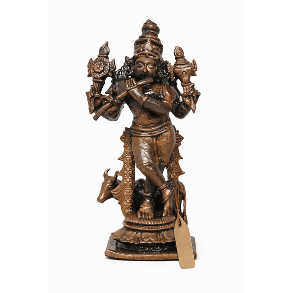Exotic India Small Copper Statue Shri Krishna Playing Flute MIV083 - Handcrafted Venugopala Chaturbhuja Figurine