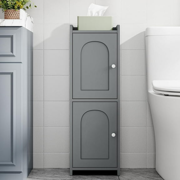 Small Corner Bathroom Floor Cabinet with 2 Doors and Adjustable Shelf, Narrow Toilet Paper Storage, Organizer for Small Spaces, Gray, 7.9" D x 9.8" W x 29.5" H
