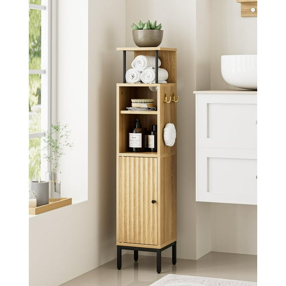 Small Corner Bathroom Floor Cabinet with 2 Hooks, Narrow Tall Toilet Paper Storage with Adjustable Shelves, Organizer for Living Room, Small Spaces, Wave Pattern, Oak, 37"H