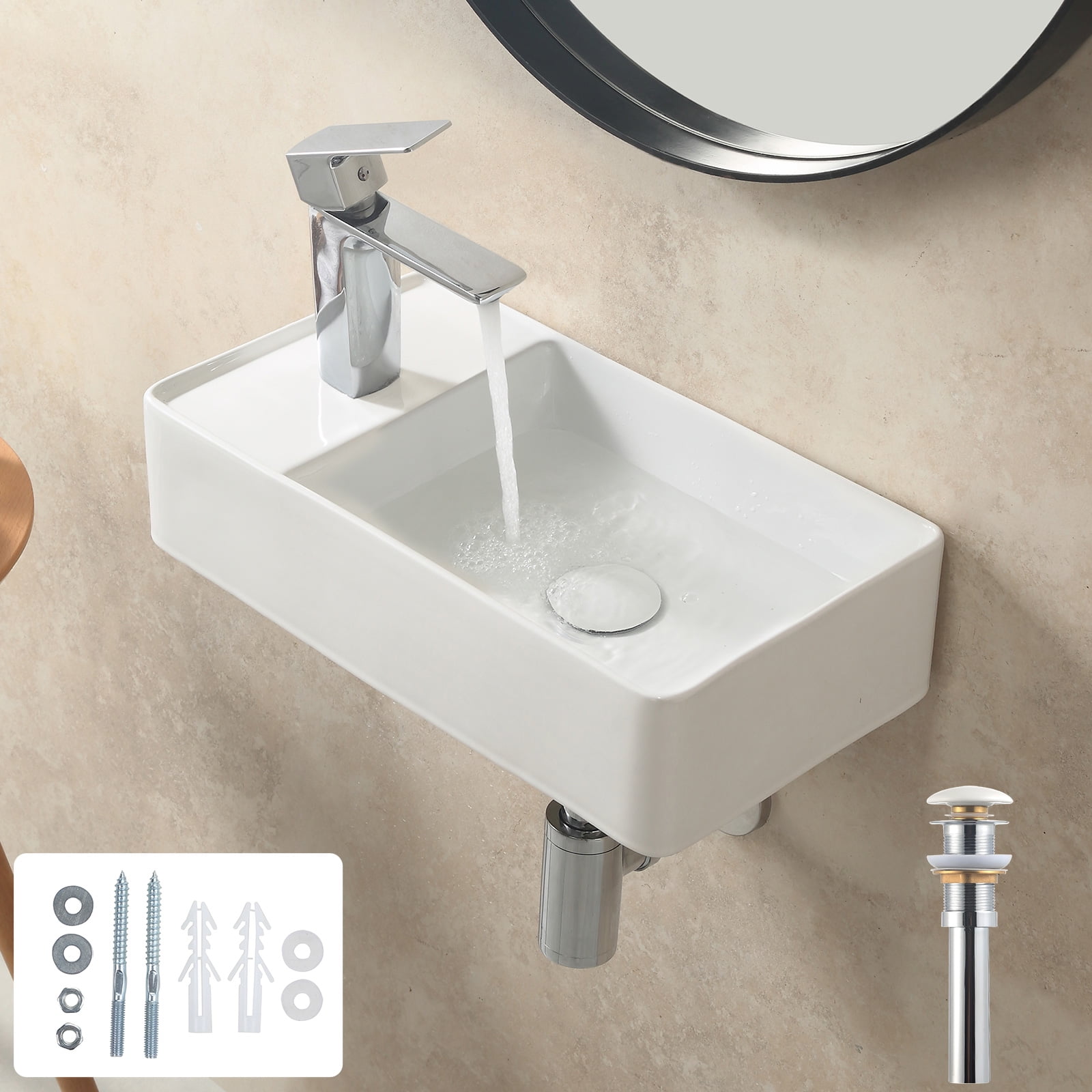 Small Corner Bathroom Sink White Porcelain with PopUp Drain Wall