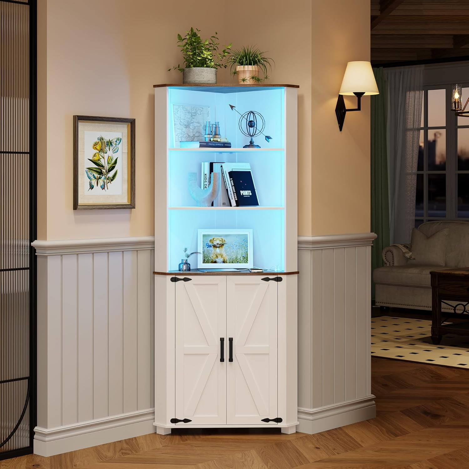 Small Corner Cabinet with LED Light Farmhouse Bathroom Cabinet with 2 ...