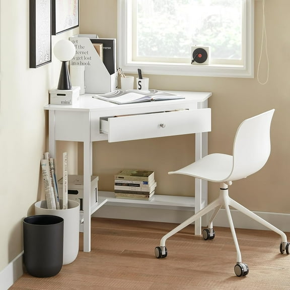 Small Corner Desk, Triangle Computer Desk with Drawer and Ladder Shelf, Home Office Writing Vanity Table, White
