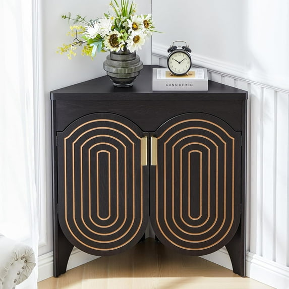 Small Corner Storage Cabinet, Mid Century Modern Floor Corner Cabinet with Curved Doors and Adjustable Shelves,Freestanding Narrow Storage Organizer for Bathroom, Living Room (Black)