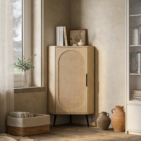 Small Corner Table Wood Bathroom Floor Cabinet Space Saving Corner Organizer Shelf with Carved Rattan Door for Kitchen Bedroom and Narrow Spaces (Natural)